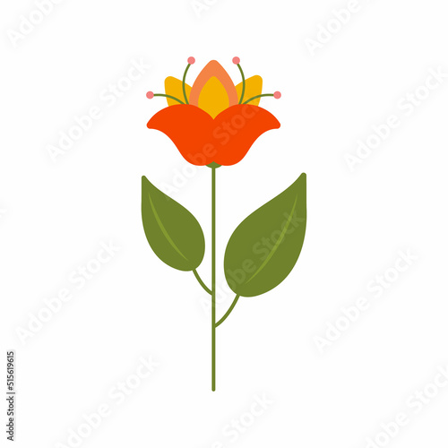 Beautiful cartoon large orange flower on green stem with leaves in doodle style. Botanical elements. Meadow herbs  wildflowers. Floral Herb Design elements. Spring botanical vector illustration