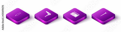Set Isometric Eyebrow tweezers, Hair dryer, shadow palette and Makeup brush icon. Vector