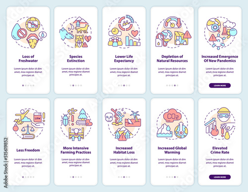 Overpopulation and overcrowding onboarding mobile app screen set. Walkthrough 5 steps editable graphic instructions with linear concepts. UI, UX, GUI template. Myriad Pro-Bold, Regular fonts used