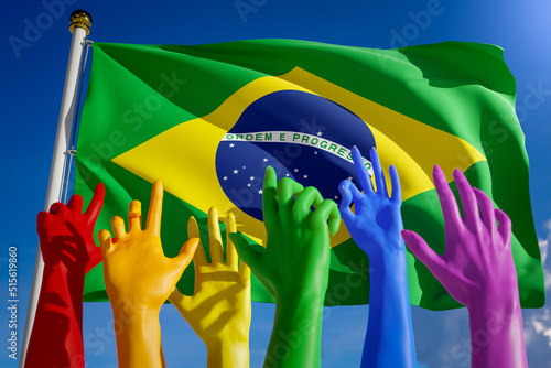Rainbow colored hands from lgbt community over flag of Brazil. Brazilian gay parade, concept of pride, freedom, elections, voting, rainbow flag, diversity. 3D rendering.