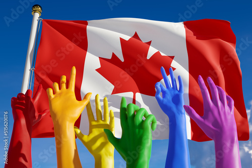 Rainbow colored hands from lgbt community over flag of Canada. Canadian gay parade, concept of pride, freedom, elections, voting, rainbow flag, diversity. 3D rendering.