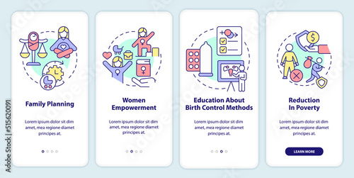 Solutions to overpopulation onboarding mobile app screen. Walkthrough 4 steps editable graphic instructions with linear concepts. UI, UX, GUI template. Myriad Pro-Bold, Regular fonts used