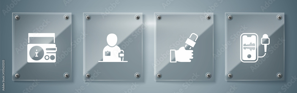 Set Mobile recording, Journalist news, and News on radio channel. Square glass panels. Vector Set Mobile recording, Journalist news, and News on radio channel. Square glass panels. Vector