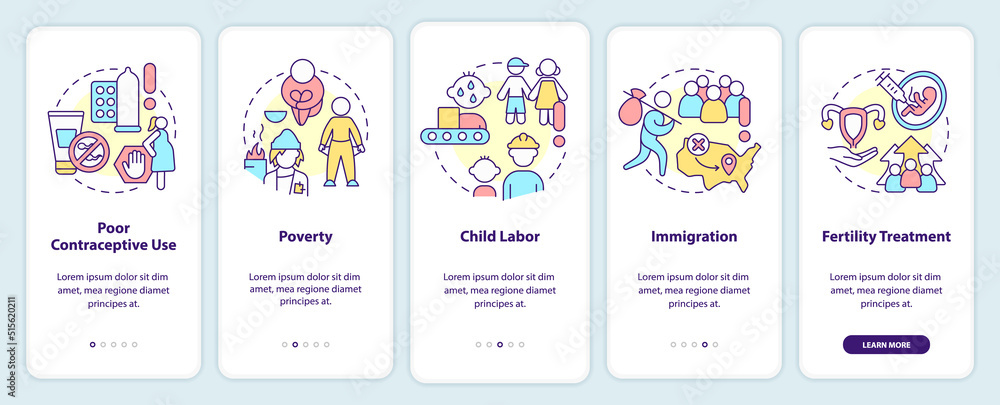 Causes of overpopulation onboarding mobile app screen. Reasons walkthrough 5 steps editable graphic instructions with linear concepts. UI, UX, GUI template. Myriad Pro-Bold, Regular fonts used