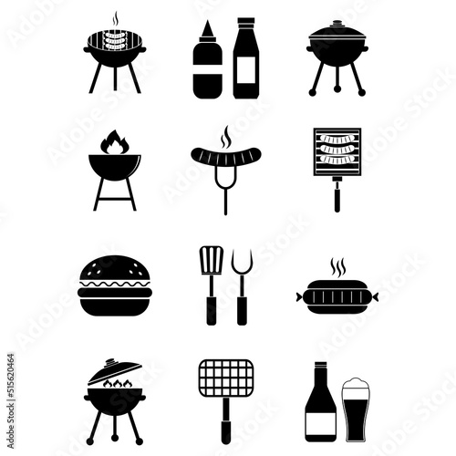 Barbecue icon set. Icon grill, hot dog, sausage, burger, bbq sauce, glass of beer. Barbecue grill party. Grill sign isolated on white background. Logo for menu pub, restaurant. Vector illustration