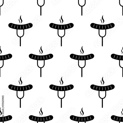Sausage seamless pattern. Fast food background with hot sausage on fork. Icon street food on white background. Barbecue grill party. Design for print on wrapping paper, wallpaper. Vector illustration