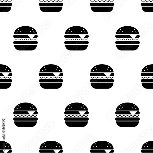 Burger seamless pattern. Fast food background with burger. Icon street food on white background. Burger silhouette. Design for print on fabric, wrapping paper, packing, wallpaper. Vector illustration