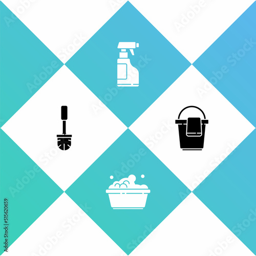 Set Toilet brush, Plastic basin with soap suds, Spray bottle detergent liquid and Bucket rag icon. Vector