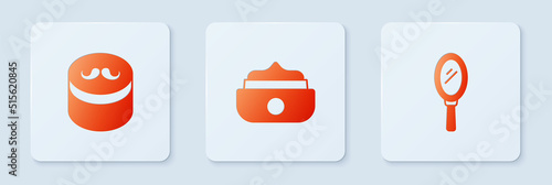 Set Gel or wax for hair styling, and Hand mirror. White square button. Vector