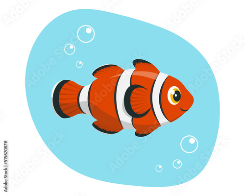 Cute orange clown fish with bubbles. Cartoon tropical fish. Element for summer design. Isolated on white background. Flat vector illustration