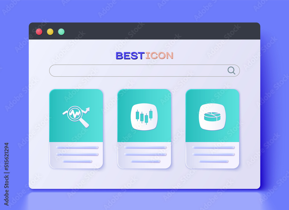 Set Browser with stocks market, Search data analysis and Pie chart infographic icon. Vector Set Browser with stocks market, Search data analysis and Pie chart infographic icon. Vector