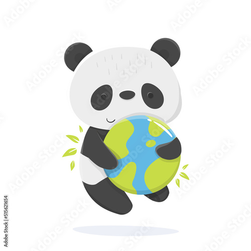 Cartoon illustration of an panda with earth in support of ecology. save the planet