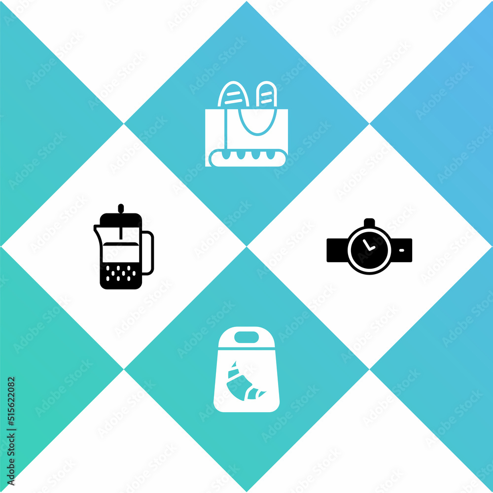 Set French press, Croissant package, baguette bread and Wrist watch icon. Vector Set French press, Croissant package, baguette bread and Wrist watch icon. Vector