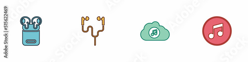 Set Air headphones in box, , Music streaming service and note, tone icon. Vector