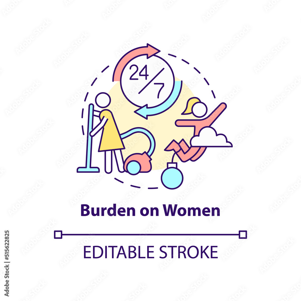 Burden on women concept icon. Increase responsibility. Social effect of overcrowding abstract idea thin line illustration. Isolated outline drawing. Editable stroke. Arial, Myriad Pro-Bold fonts used