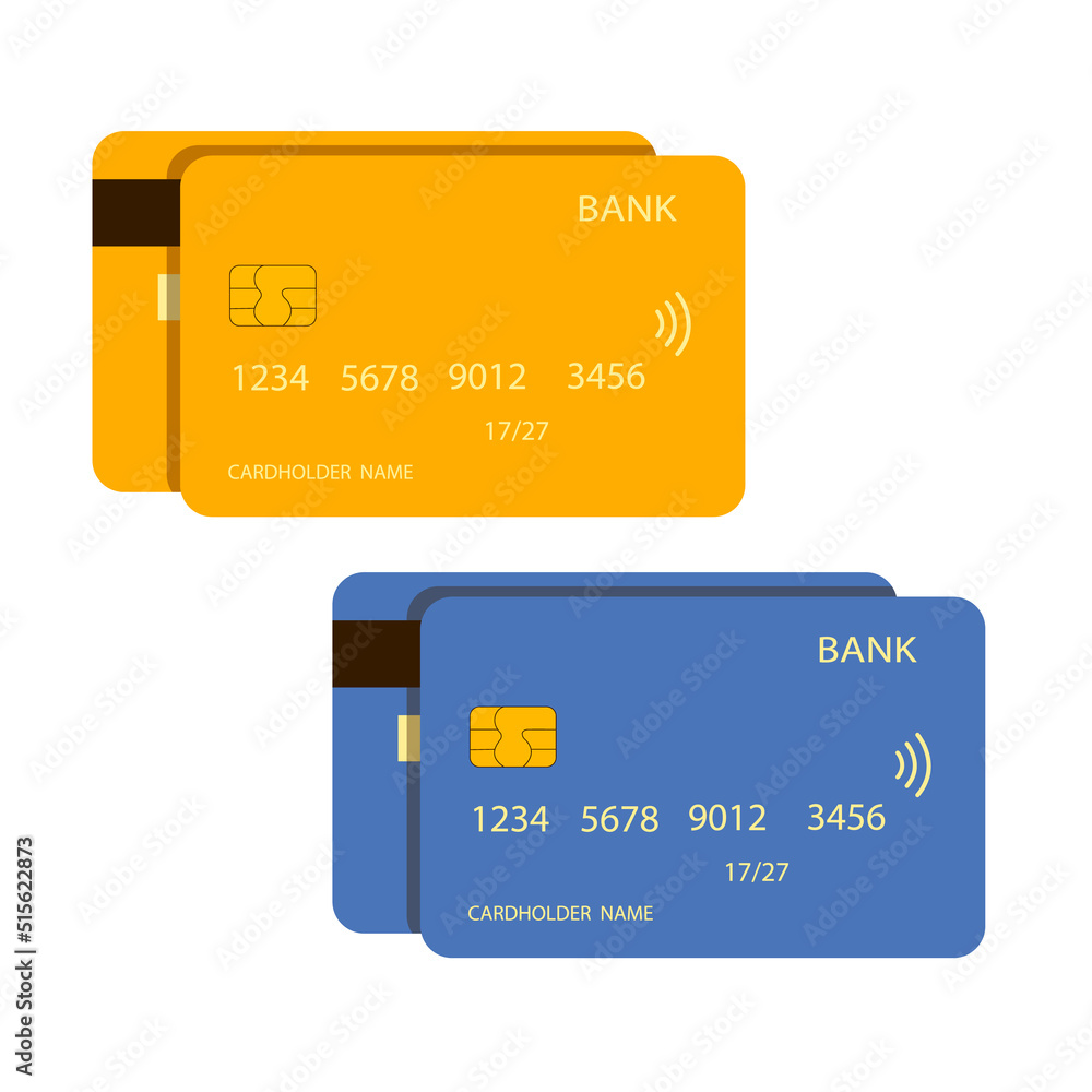 Credit cards with front and back sides isolated on white background. Flat style illustration Credit cards with front and back sides isolated on white background. Flat style illustration