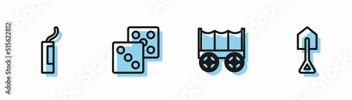 Set line Wild west covered wagon, Dynamite bomb, Game dice and Shovel icon. Vector