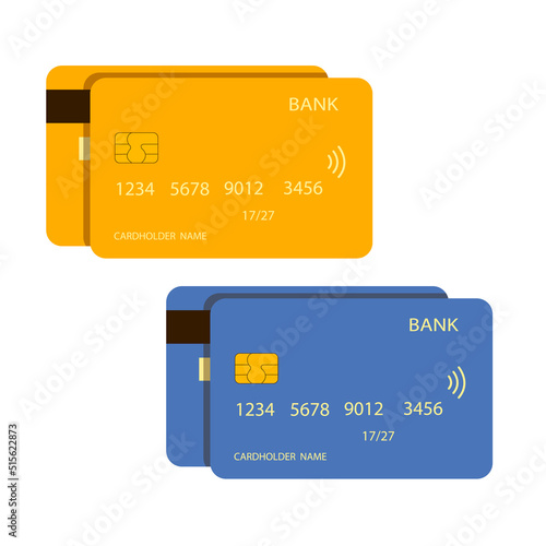 Credit cards with front and back sides isolated on white background. Flat style illustration