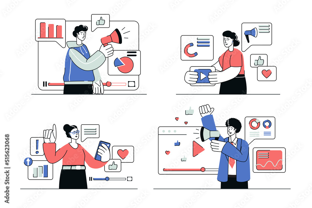Video marketing concept set in flat line design. Men and women with megaphones create promo content for advertising, promote business on blogs. Vector illustration with outline people scene for web Video marketing concept set in flat line design. Men and women with megaphones create promo content for advertising, promote business on blogs. Vector illustration with outline people scene for web