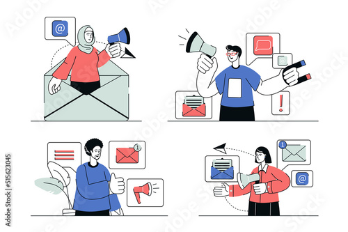 Email marketing concept set in flat line design. Men and women with megaphones making ad campaign, send promo letters to attract customers. Vector illustration with outline people scene for web