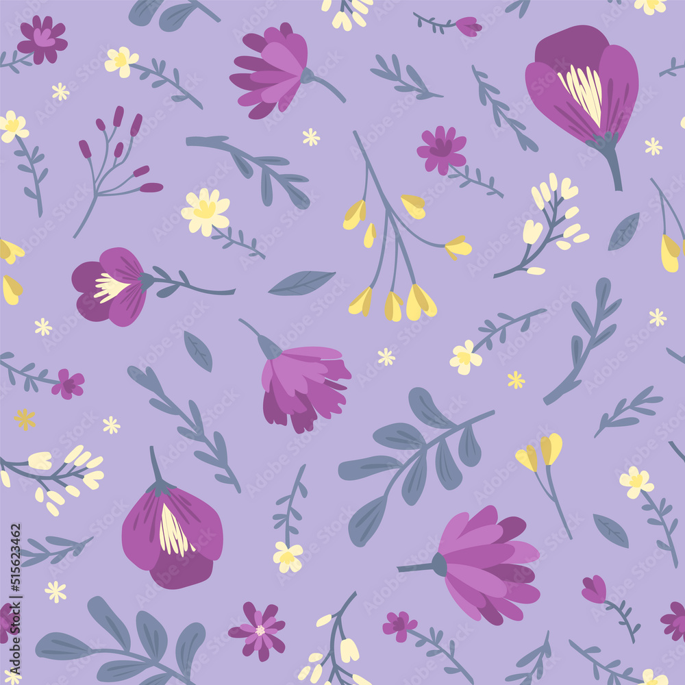 Seamless simple pattern of meadow flowers. Purple vector illustration.