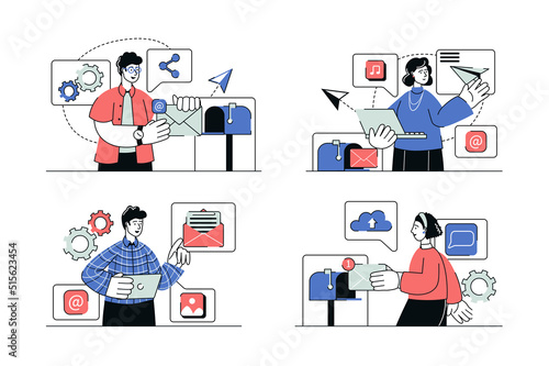Email service concept set in flat line design. Men and women send and receive new letters, using messengers and online chats, read promo mailings. Vector illustration with outline people scene for web