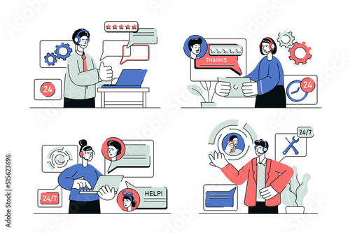 Customer service concept set in flat line design. Men and women in headphones advice clients, support, assist and solve tech problems in chat. Vector illustration with outline people scene for web © Andrey