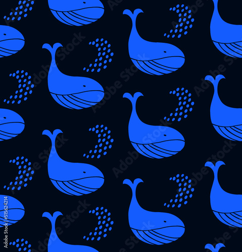 Blue seamless pattern with decorative whales. Vector childish background, cute ocean