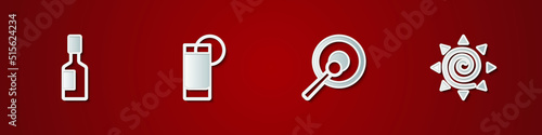 Set Tabasco sauce, Tequila glass with lemon, Gong and Sun icon. Vector