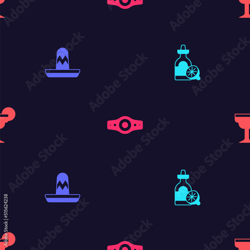 Set Tequila bottle with lemon, Mexican sombrero, Wrestling championship belt and Margarita cocktail on seamless pattern. Vector