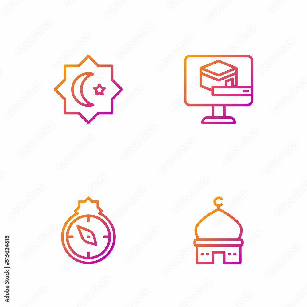 Set line Muslim Mosque, Qibla, Octagonal star and Kaaba mosque. Gradient color icons. Vector