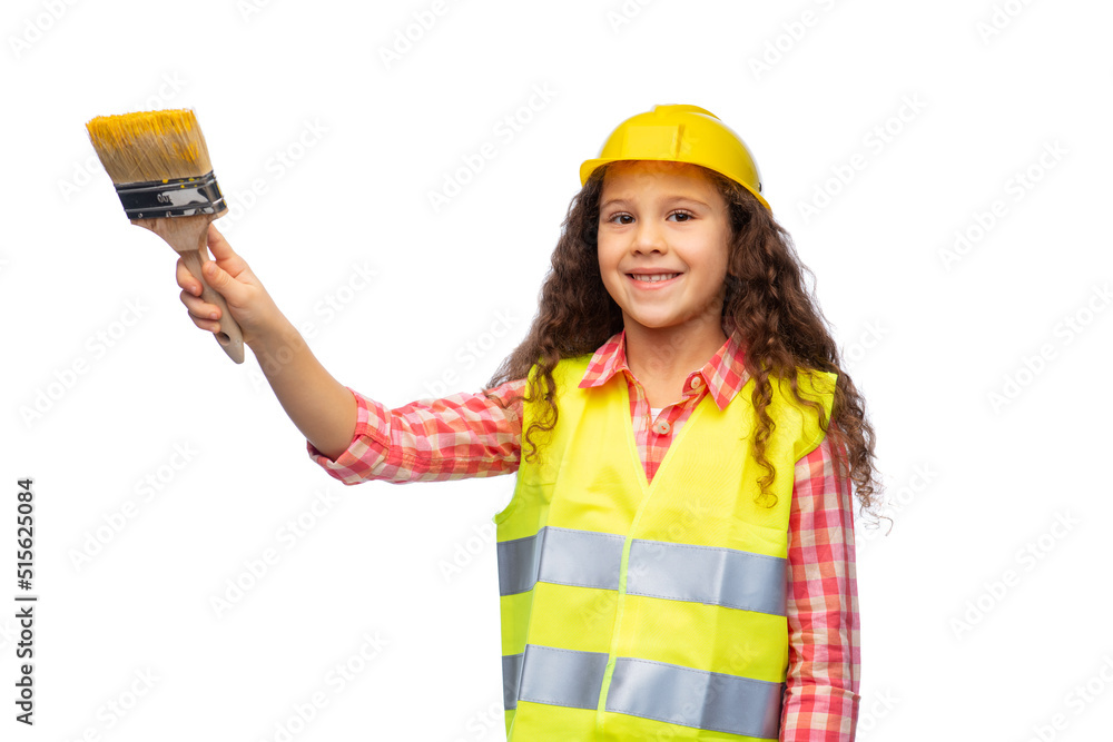 building, construction and profession concept - smiling little girl in protective helmet and safety vest with paint brush over white background building, construction and profession concept - smiling little girl in protective helmet and safety vest with paint brush over white background