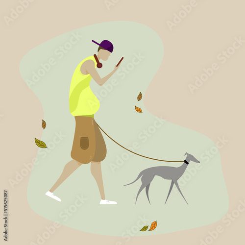 White man in autumn clothes with a dog on a walk in a flat style and with fallen leaves