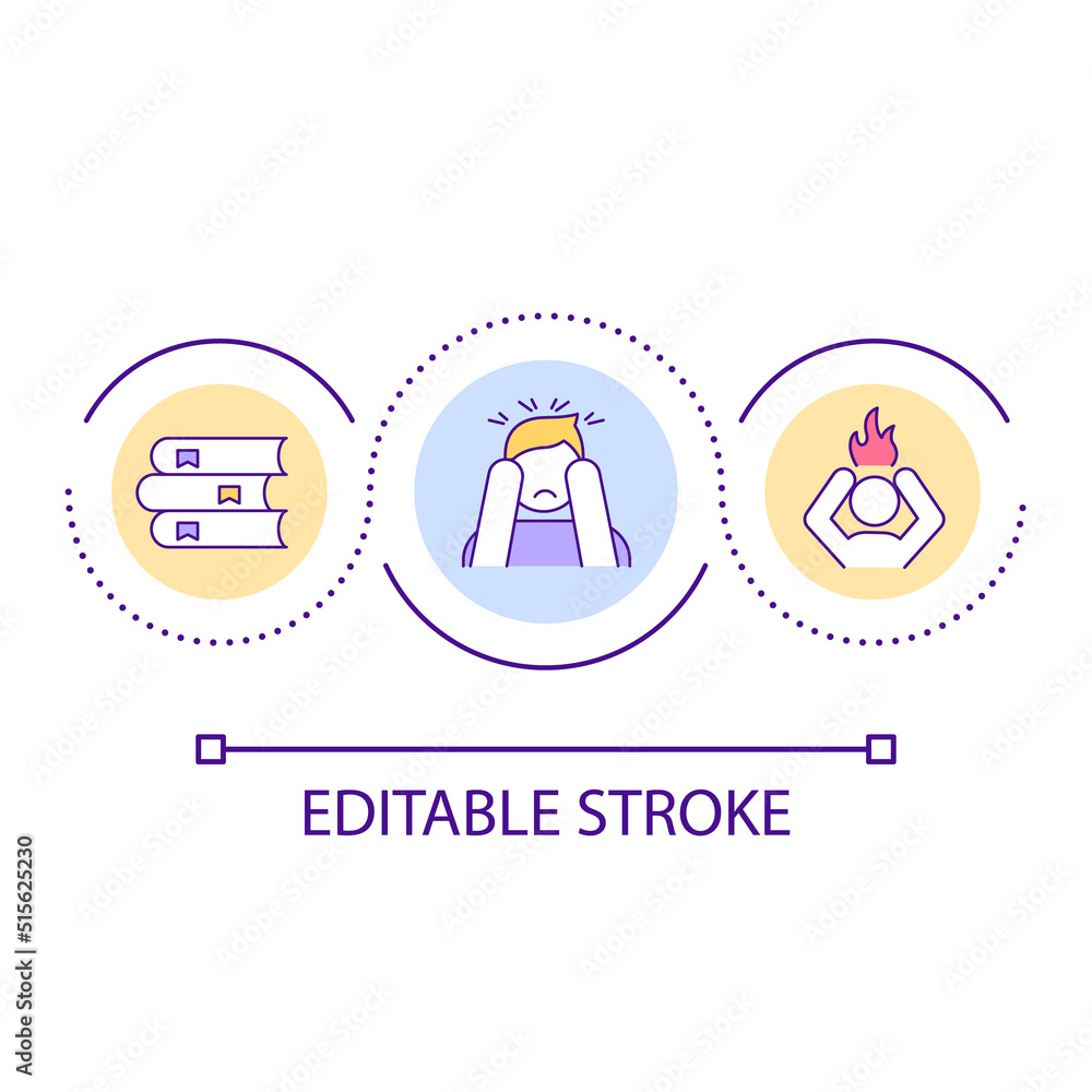 Hard to learn material loop concept icon. Preparing for examination. Stress and burnout abstract idea thin line illustration. Isolated outline drawing. Editable stroke. Arial font used Hard to learn material loop concept icon. Preparing for examination. Stress and burnout abstract idea thin line illustration. Isolated outline drawing. Editable stroke. Arial font used