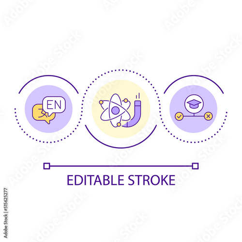 University disciplines loop concept icon. Natural and applied sciences. Humanities. Studying material abstract idea thin line illustration. Isolated outline drawing. Editable stroke. Arial font used