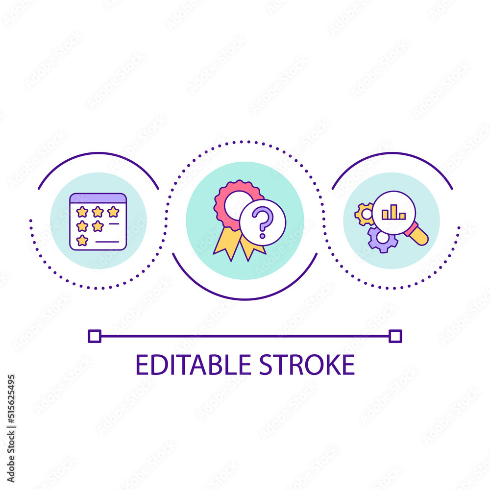 Suspicious rating loop concept icon. Product quality badge. Calculate and assess rank abstract idea thin line illustration. Isolated outline drawing. Editable stroke. Arial font used Suspicious rating loop concept icon. Product quality badge. Calculate and assess rank abstract idea thin line illustration. Isolated outline drawing. Editable stroke. Arial font used