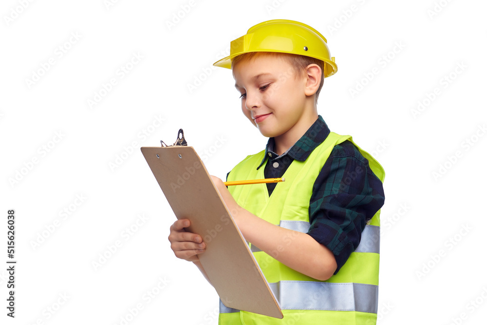 building, construction and profession concept - happy little boy in protective helmet and safety vest with clipboard and pencil over white background building, construction and profession concept - happy little boy in protective helmet and safety vest with clipboard and pencil over white background