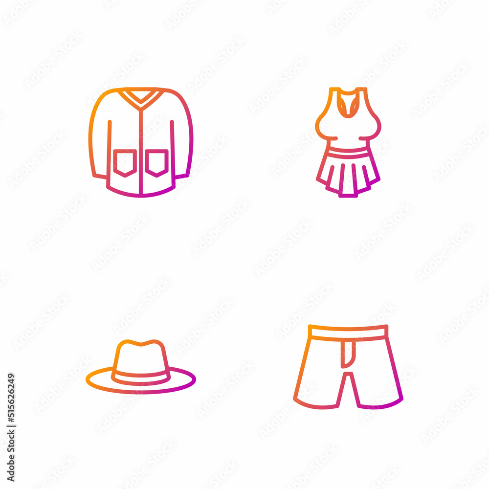 Set line Short or pants, Man hat, Sweater and Undershirt. Gradient color icons. Vector Set line Short or pants, Man hat, Sweater and Undershirt. Gradient color icons. Vector