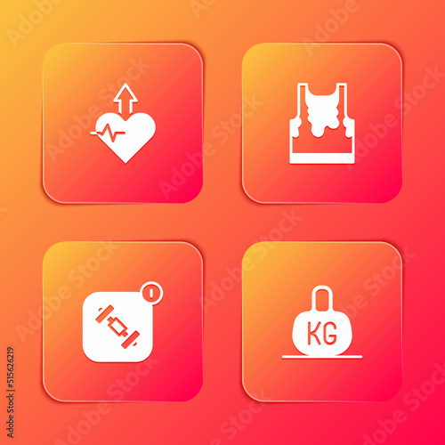 Set Heartbeat increase, Sweaty sleeveless t-shirt, Fitness app and Weight icon. Vector