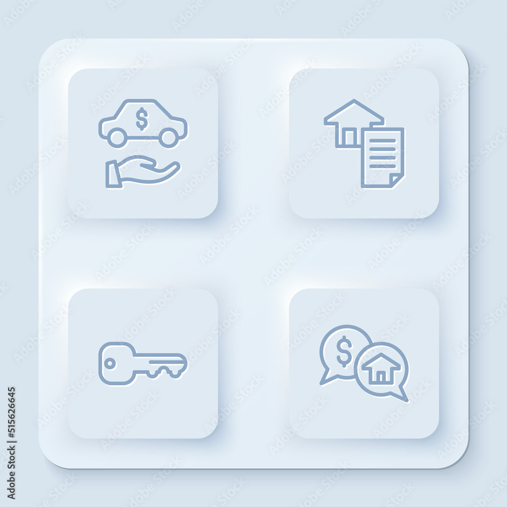 Set line Car rental, House contract, key and Price negotiation. White square button. Vector Set line Car rental, House contract, key and Price negotiation. White square button. Vector