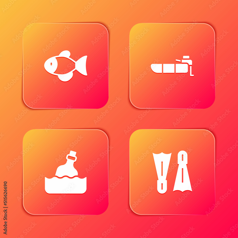 Set Fish, Inflatable boat with motor, Bottle message in water and Flippers for swimming icon. Vector Set Fish, Inflatable boat with motor, Bottle message in water and Flippers for swimming icon. Vector