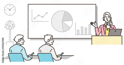 Female lecturer explaining a screen at a seminar training session [Vector illustration].