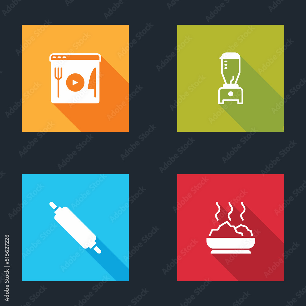 Set Cooking live streaming, Blender, Rolling pin and Bowl of hot soup icon. Vector Set Cooking live streaming, Blender, Rolling pin and Bowl of hot soup icon. Vector