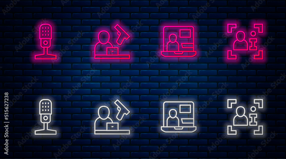 Set line Crime news, World, Microphone and Television report. Glowing neon icon on brick wall. Vector Set line Crime news, World, Microphone and Television report. Glowing neon icon on brick wall. Vector