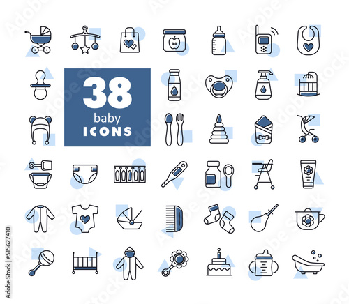 Baby, feeding and care vector isolated icons set