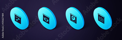 Set Isometric Online shopping on screen, Photo retouching, Browser incognito window and setting icon. Vector