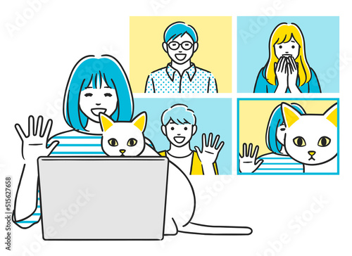 リモート会議に参加する女性と覗き込む猫