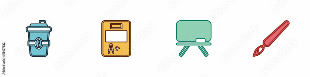 Set Coffee cup to go, Exam sheet with A plus grade, Chalkboard and Paint brush icon. Vector Set Coffee cup to go, Exam sheet with A plus grade, Chalkboard and Paint brush icon. Vector