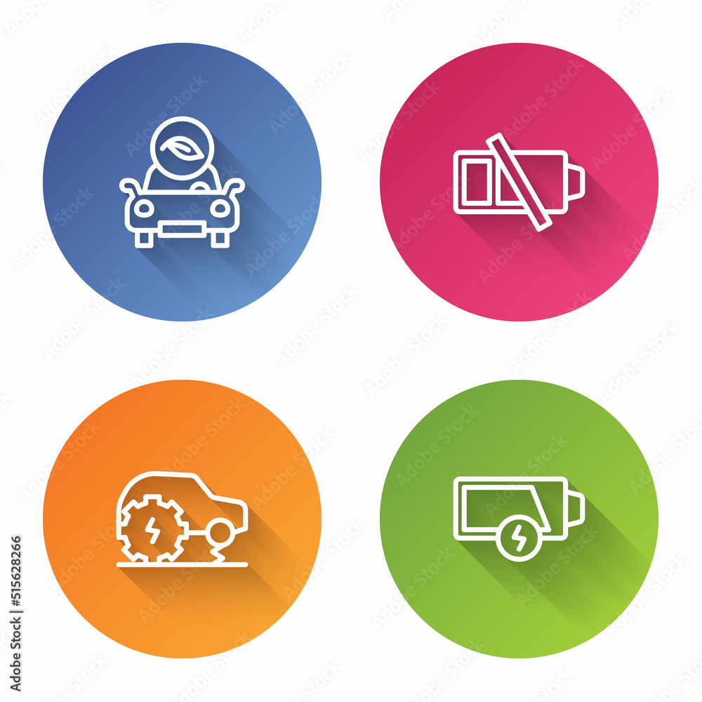 Set line Eco car, Low battery, Electric service and . Color circle button. Vector Set line Eco car, Low battery, Electric service and . Color circle button. Vector