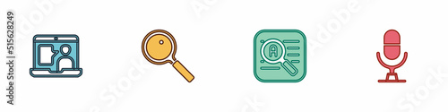 Set Foreign language online study, Magnifying glass, Translator and Microphone voice device icon. Vector © vector_v